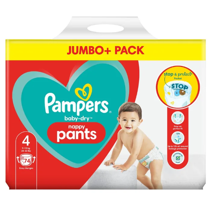 Pampers Baby-Dry Size 4 Nappy Pants Jumbo+ Pack, 74 pants