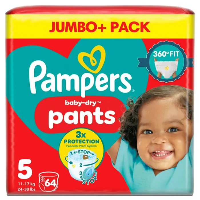 Pampers Baby-Dry Size 5 Nappy Pants Jumbo+ Pack, 64 pants
