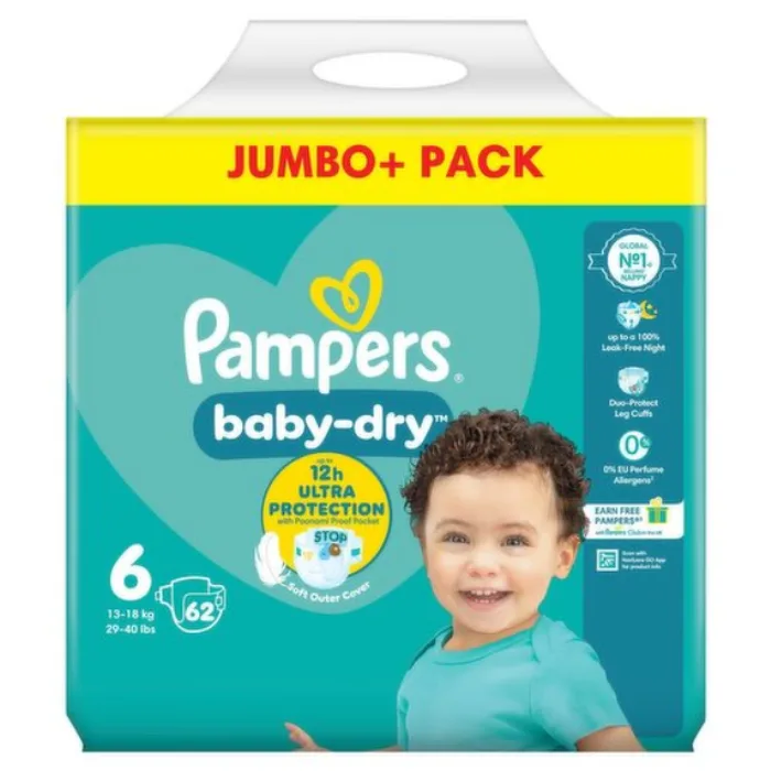 Pampers Baby-Dry Size 6 Nappies Jumbo+ Pack, 62 nappies