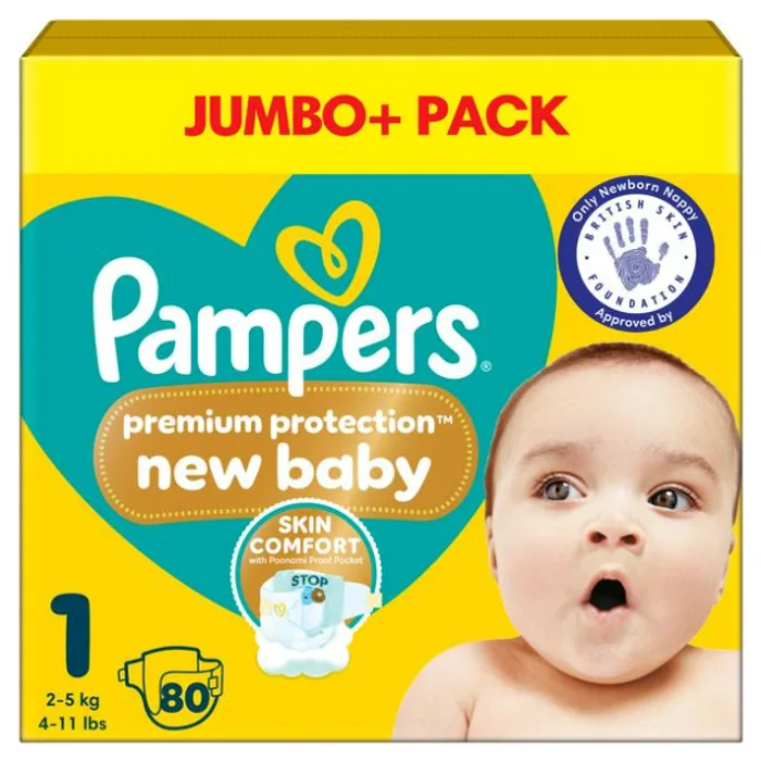 Pampers New Baby Size 1, 80 Nappies, 2kg-5kg, Jumbo+ Pack