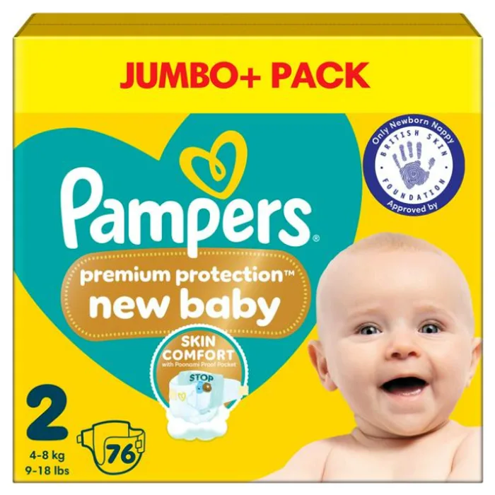 Pampers New Baby Size 2, 76 Nappies, 4kg-8kg, Jumbo+ Pack