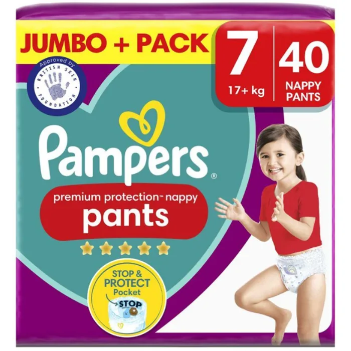 Pampers Premium Protection Nappy Pants Size 7, 40 Nappies, 17kg+, Jumbo+ Pack