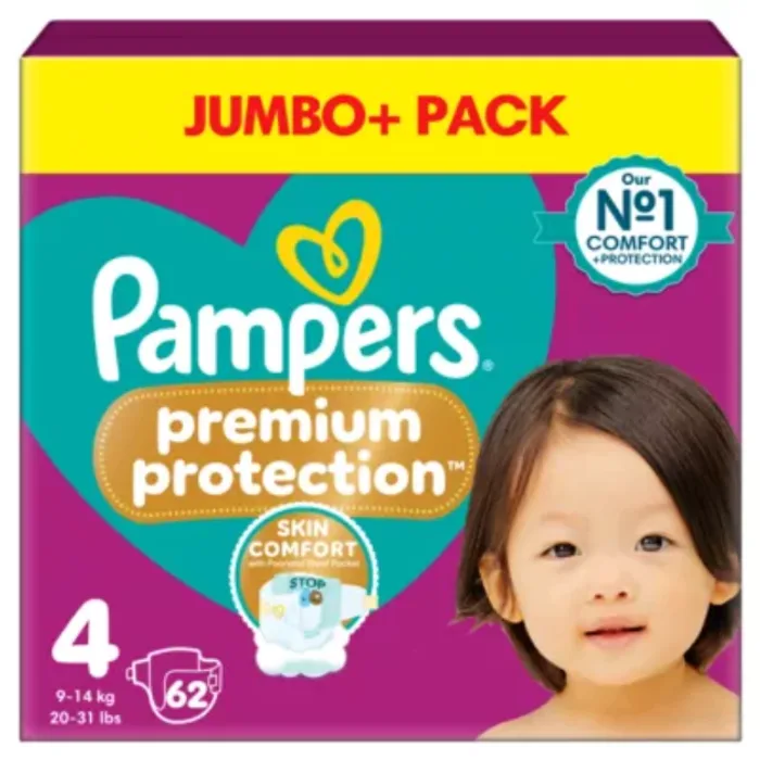 Pampers Premium Protection Size 4, 62 Nappies, 9kg, 14kg, Jumbo+ Pack