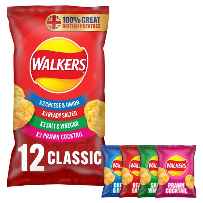 Walkers Variety 12pk (C&O, R&S, S&V, Prawn Cocktail)
